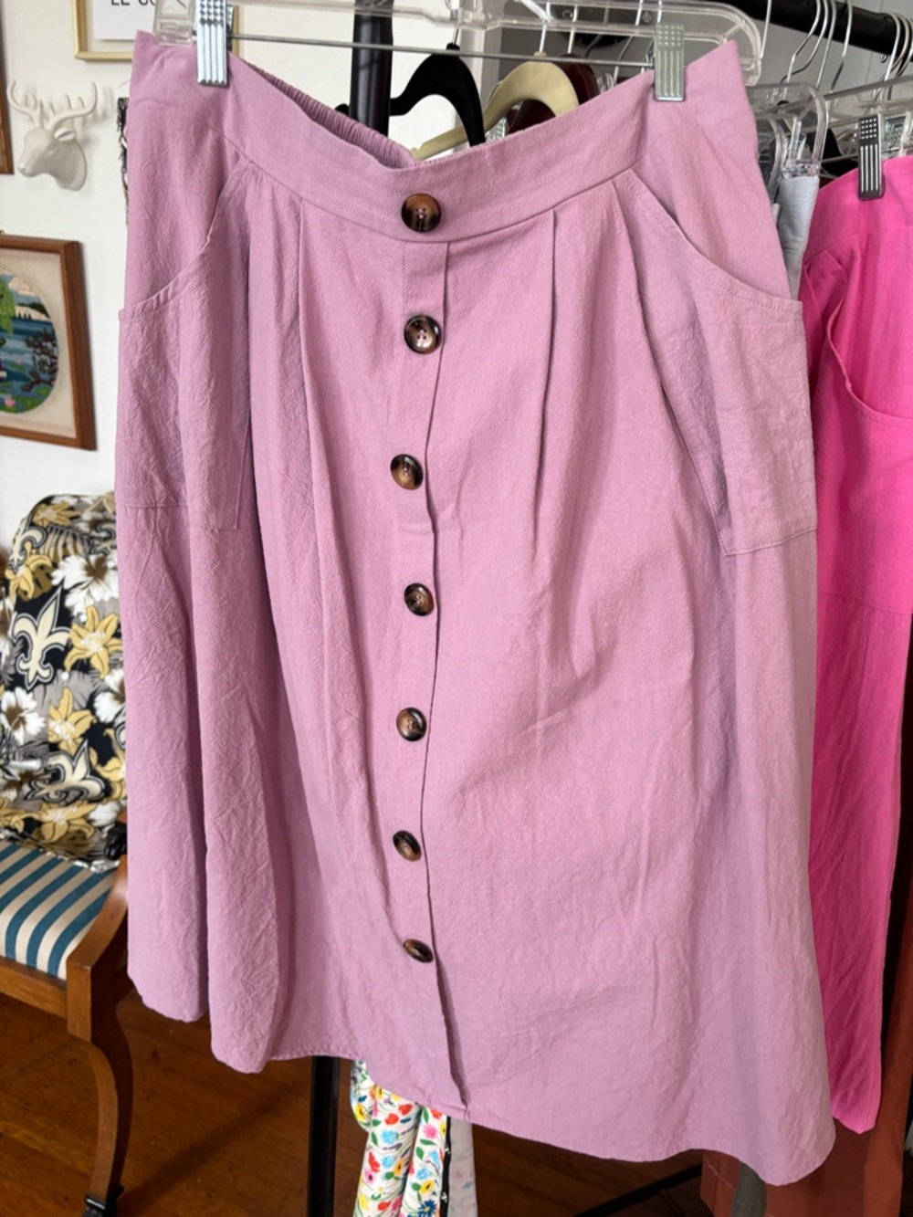 Pink Button-Front A-Line Skirt